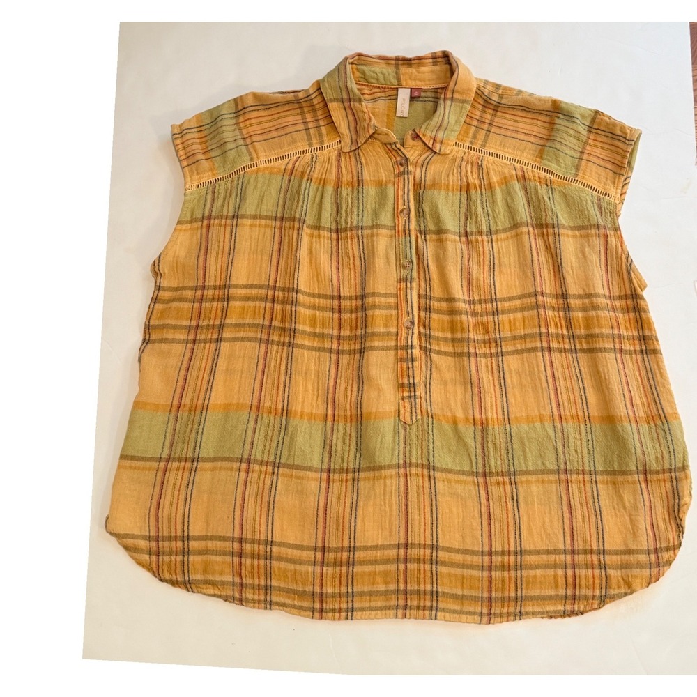 Pilcro Anthropologie Plaid Gauze Sleeveless Blouse Orange Green Medium
